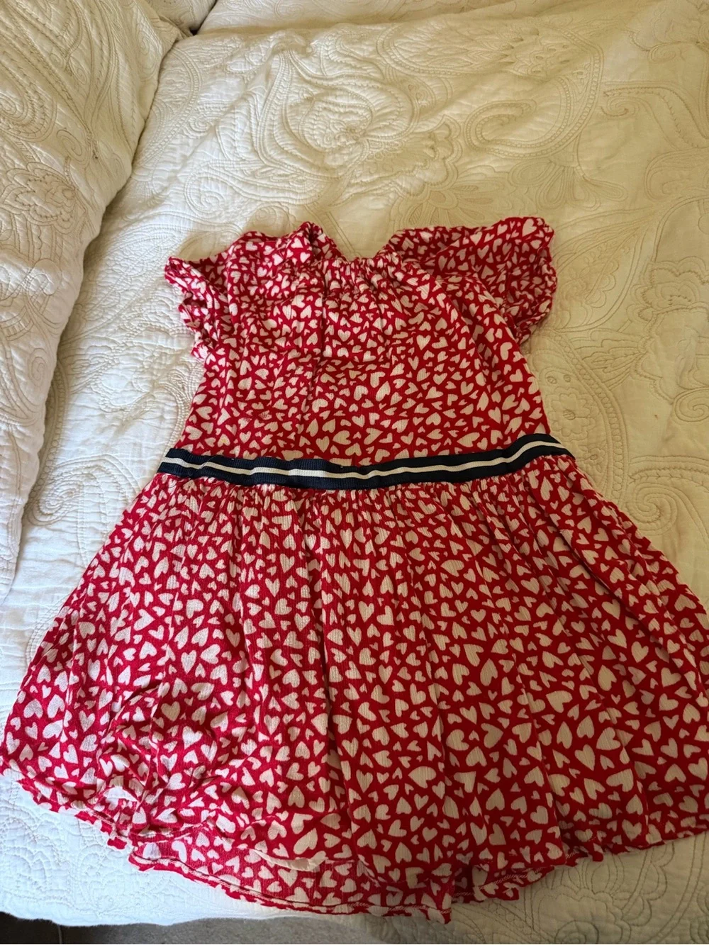 Gymboree Red and White Heart-Print Dress with Navy Waist Trim